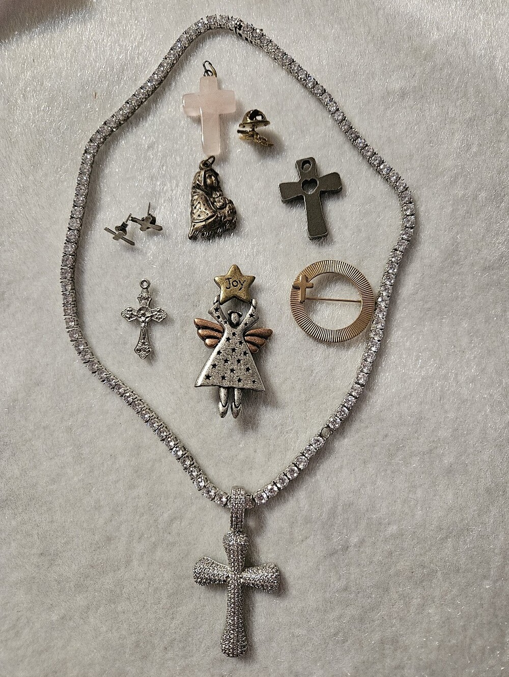 Sparkly Cross Necklace Lot With Pins, Pendants And Cross Earrings